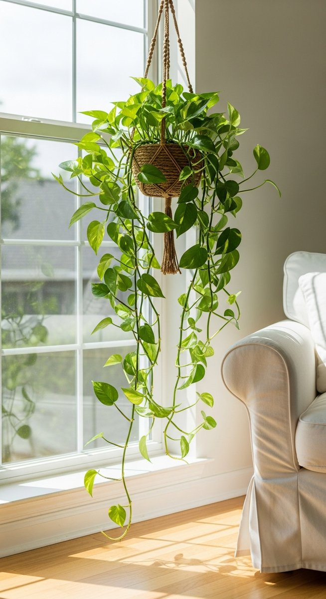 a pothos plant thriving in a summer home interior in summer