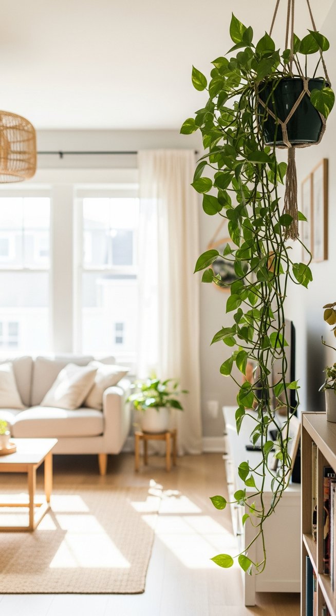 a home interior in summer featuring a pothos plant, for pothos care summer