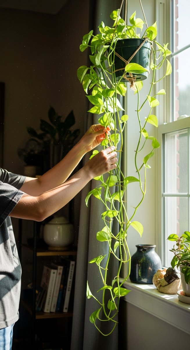 a person caring for a pothos plant near a window in summer