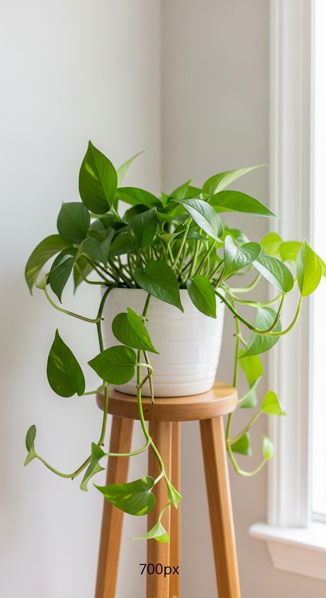 a pothos plant thriving in a summer home interior in summer