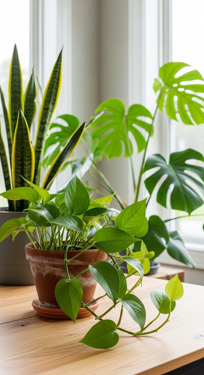 A pothos houseplant in a pot sitting near other common tropical houseplants such, for pothos companion plants