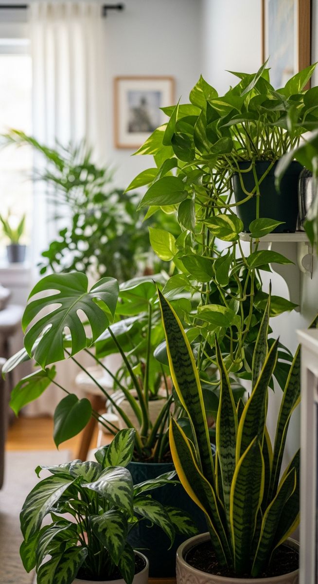 A pothos houseplant in a pot sitting near other common tropical houseplants such