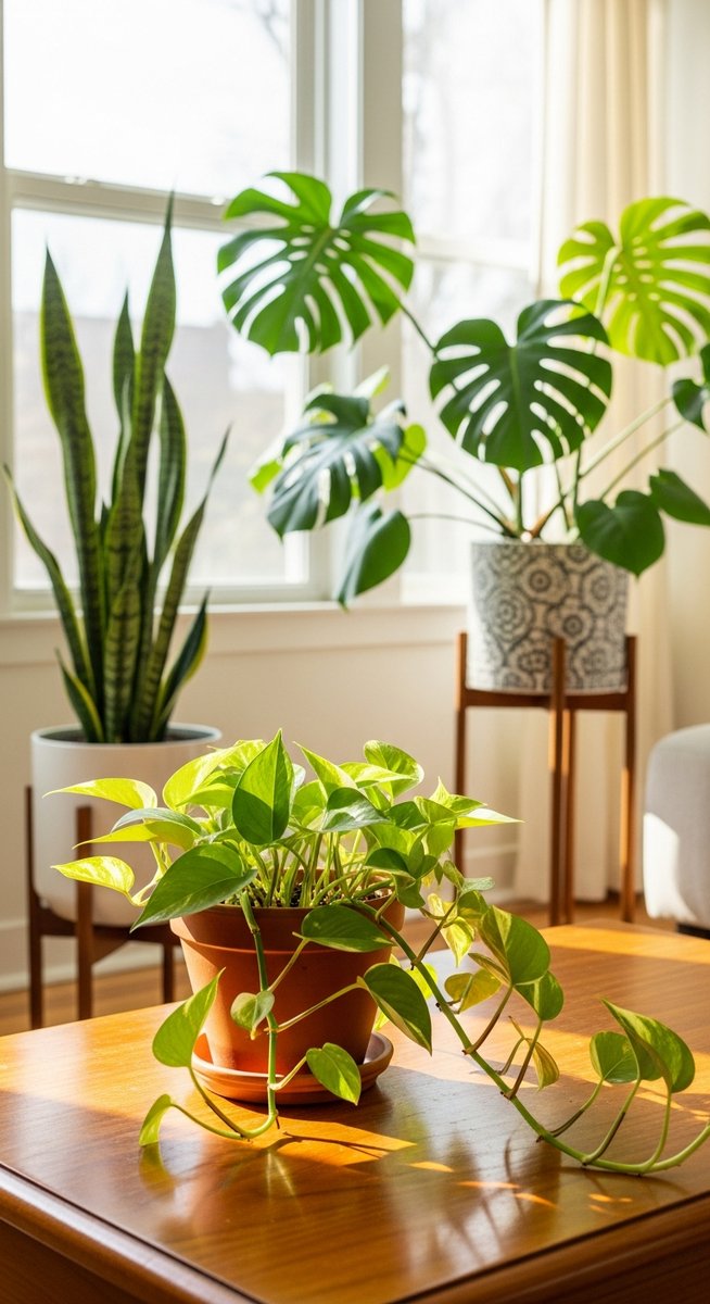 A pothos houseplant in a pot sitting near other common tropical houseplants such, for pothos companion plants