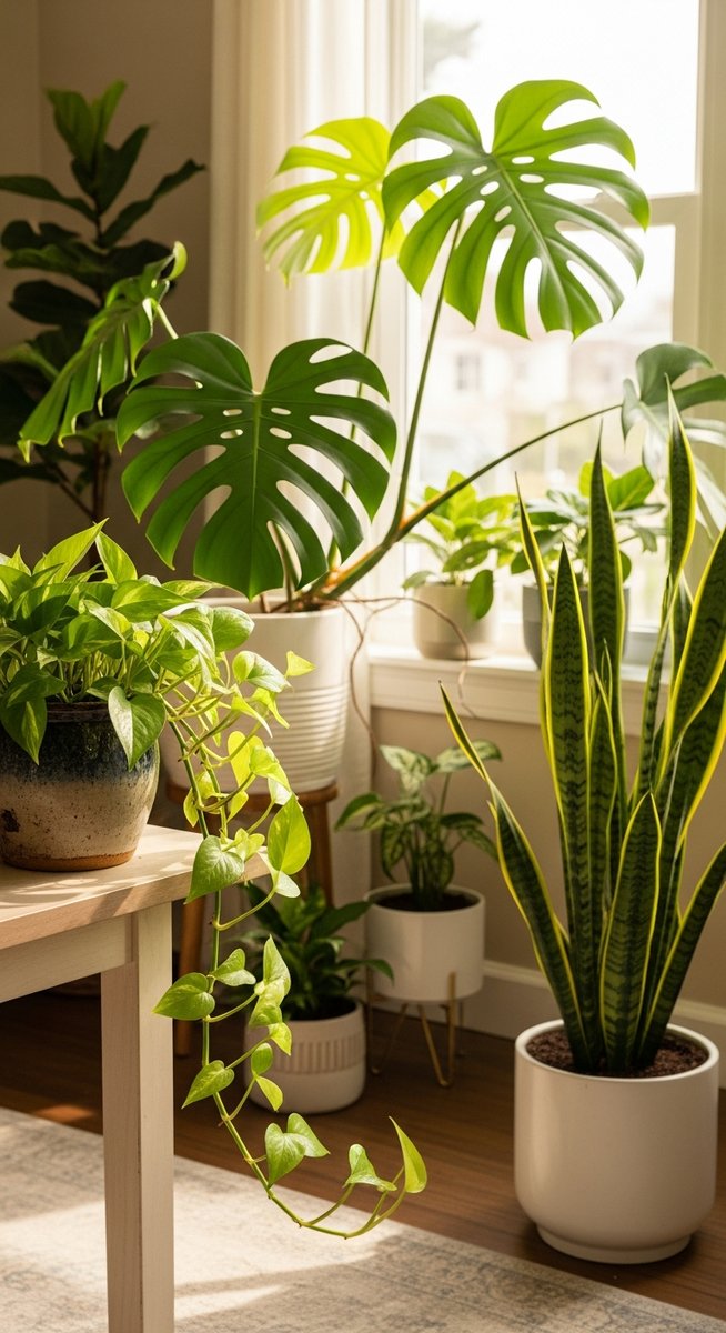 A pothos houseplant in a pot sitting near other common tropical houseplants such
