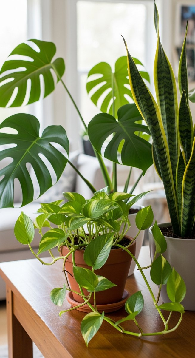 A pothos houseplant in a pot sitting near other common tropical houseplants such, for pothos companion plants