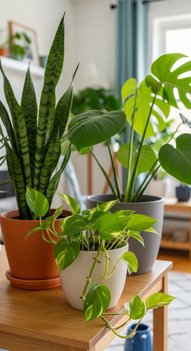 A pothos houseplant in a pot sitting near other common tropical houseplants such