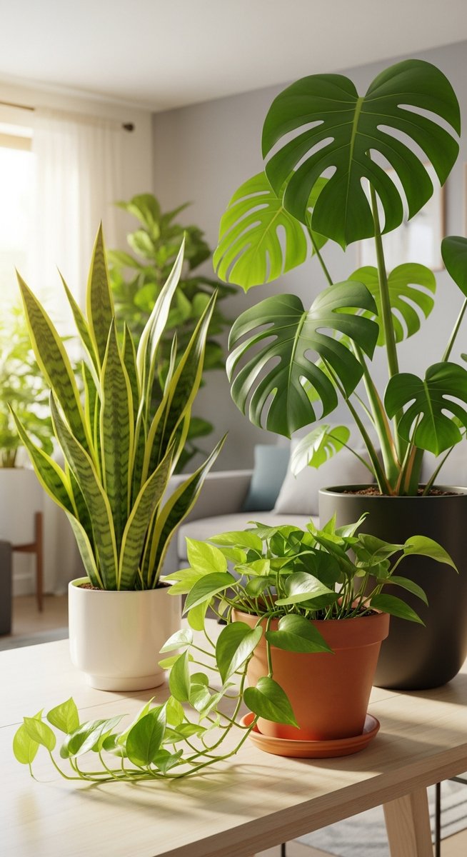 A pothos houseplant in a pot sitting near other common tropical houseplants such, for pothos companion plants