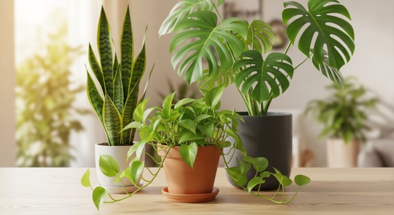 A pothos houseplant in a pot sitting near other common tropical houseplants such, for pothos companion plants