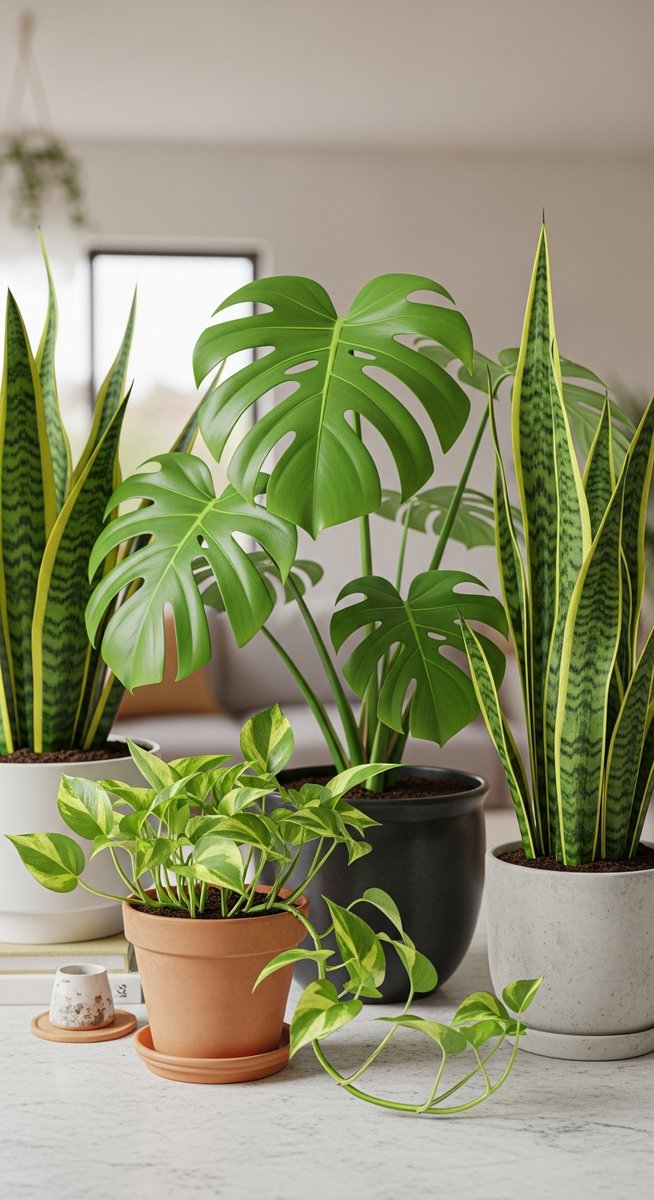 A pothos houseplant in a pot sitting near other common tropical houseplants such