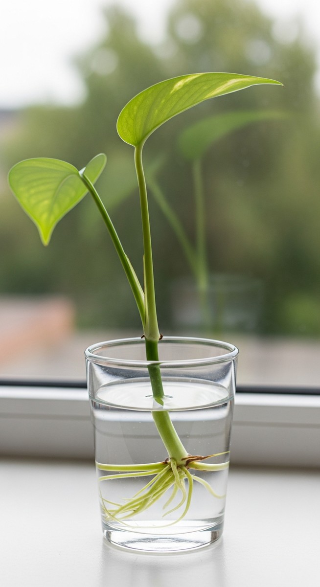 A pothos stem cutting with a node and leaf sitting in a clear glass of water
