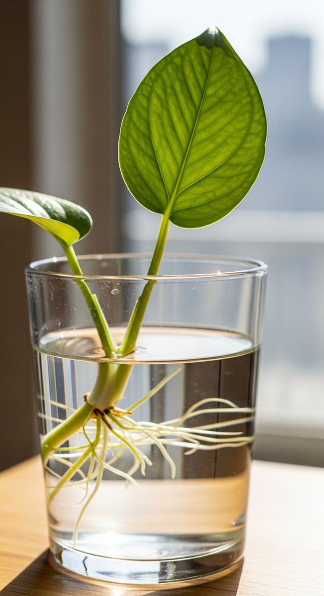A pothos stem cutting with a node and leaf sitting in a clear glass of water, for pothos cutting