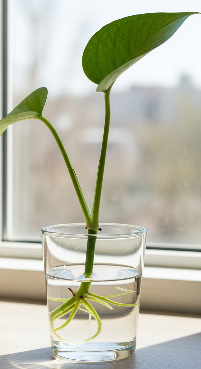 A pothos stem cutting with a node and leaf sitting in a clear glass of water