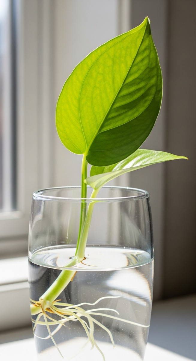 A pothos stem cutting with a node and leaf sitting in a clear glass of water, for pothos cutting