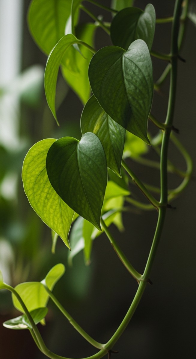 close-up of drooping pothos leaves hanging limply from the stem