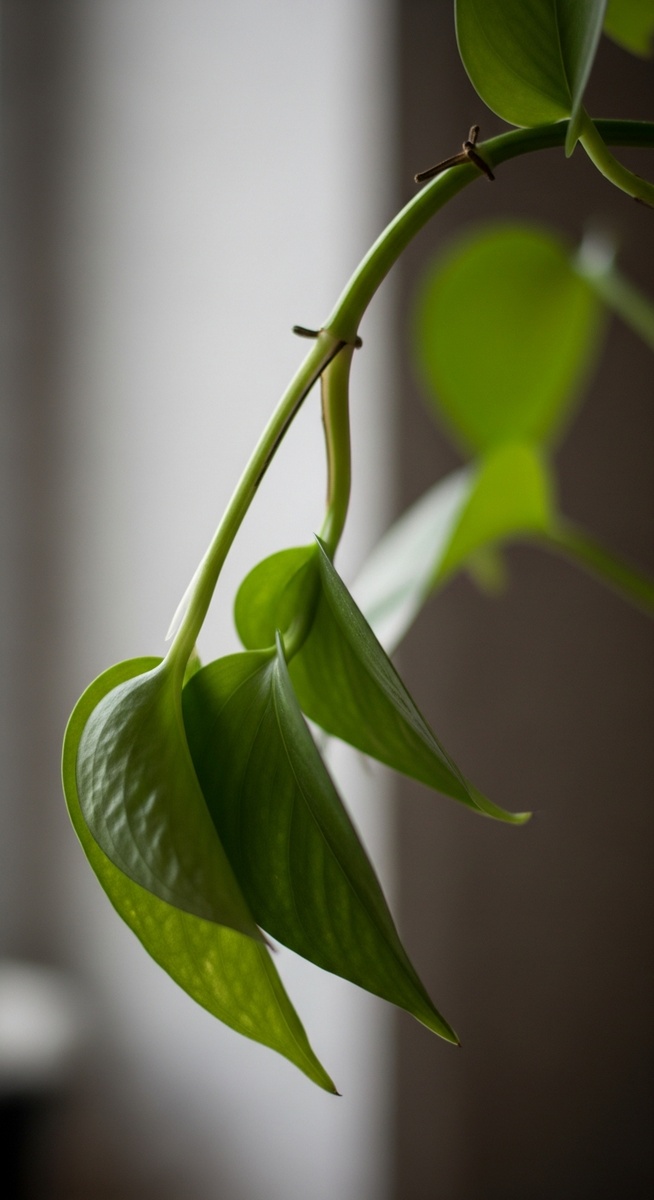 close-up of a drooping pothos stem with limp leaves, for pothos drooping