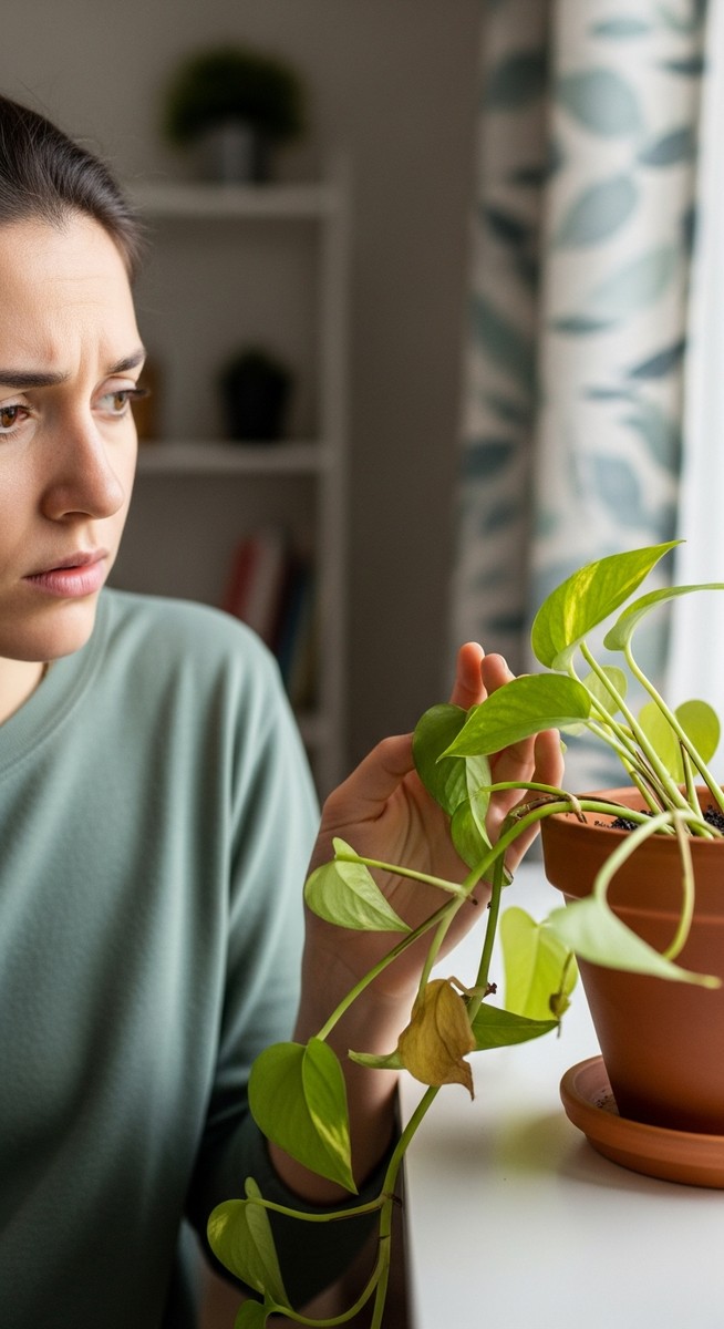 a person looking with concern at a drooping pothos plant