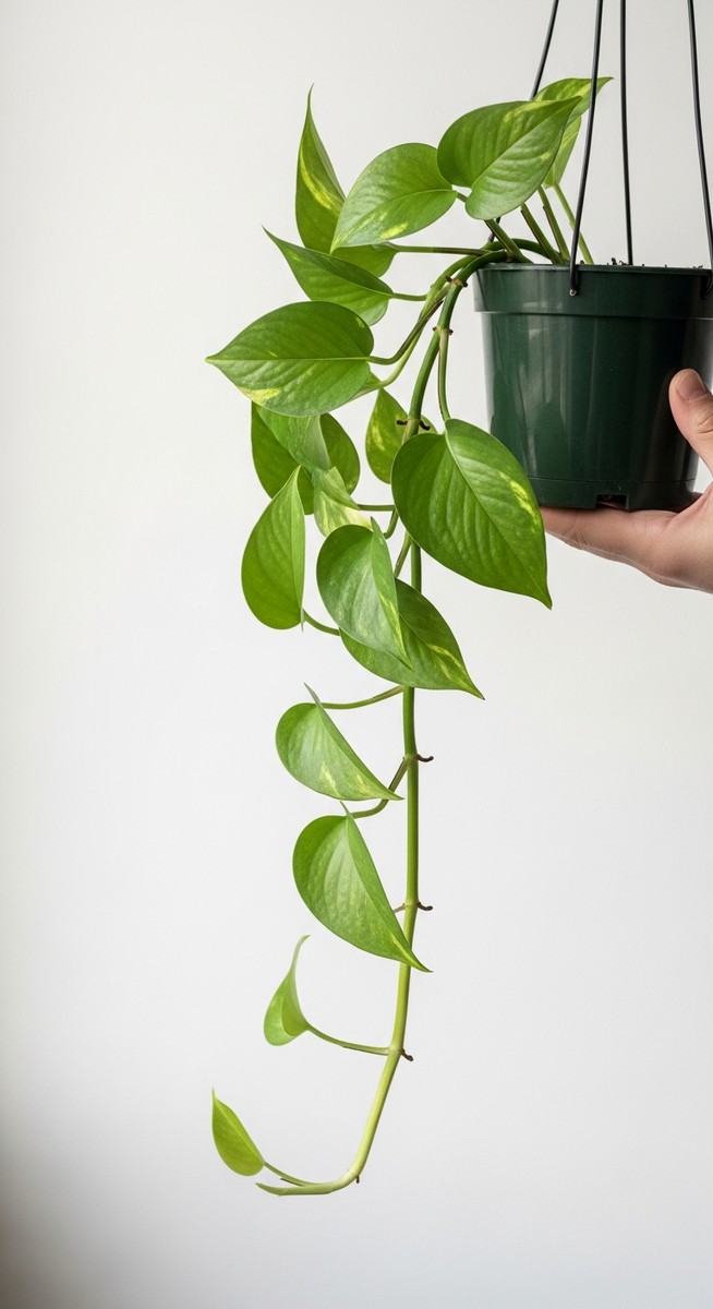 side view of a drooping pothos plant with limp hanging leaves