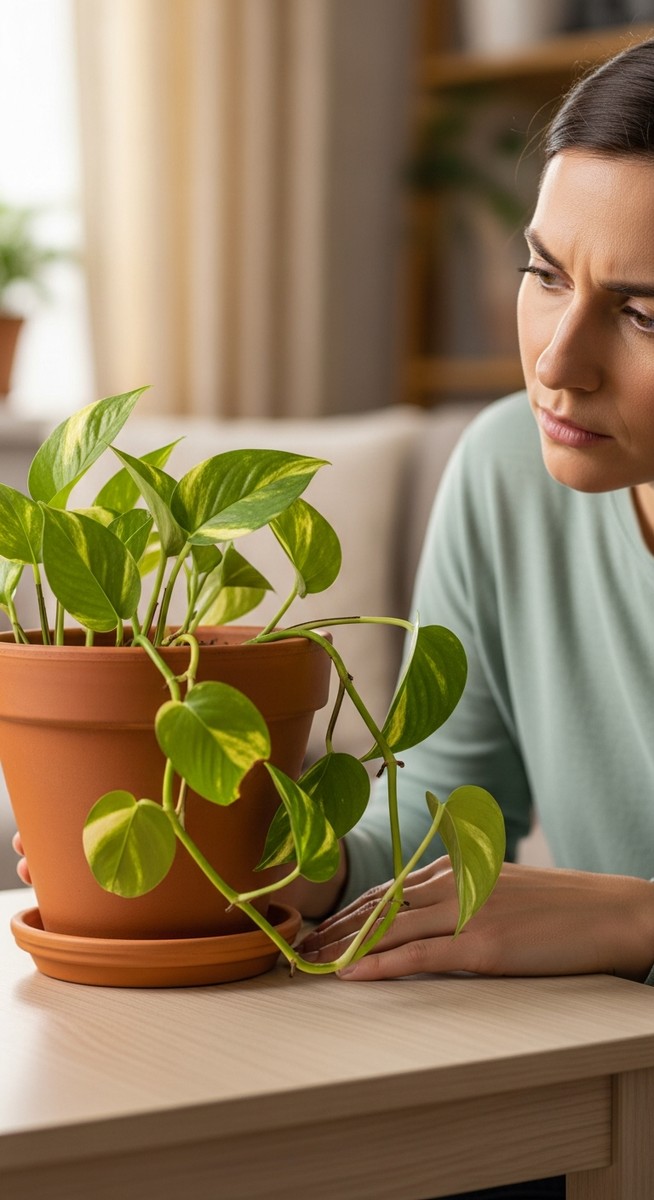a person looking with concern at a drooping pothos plant