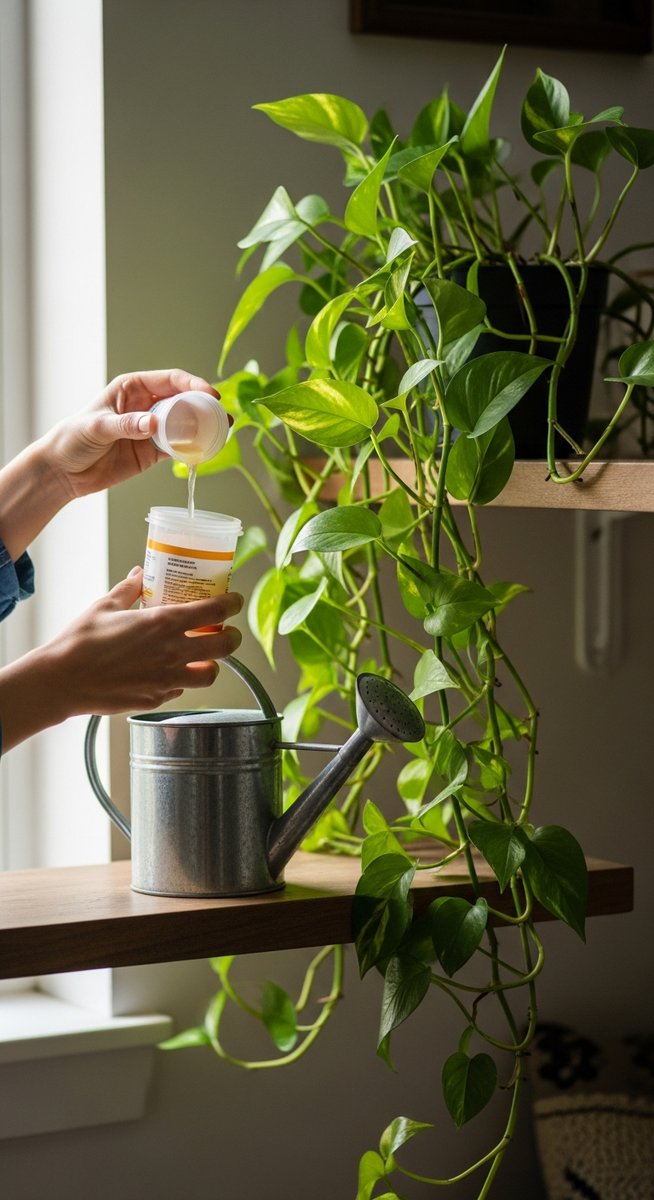 hands adding liquid fertilizer to a watering can next to a pothos plant
