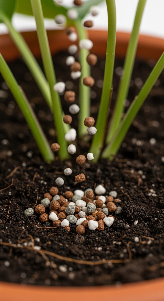 close-up of fertilizer granules being added to the soil of a pothos plant, for pothos fertilizer