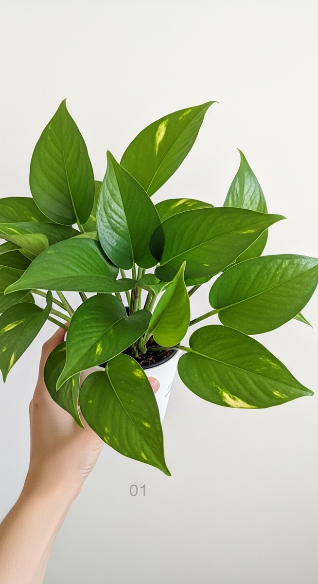 a healthy well-fertilized pothos plant with lush green leaves