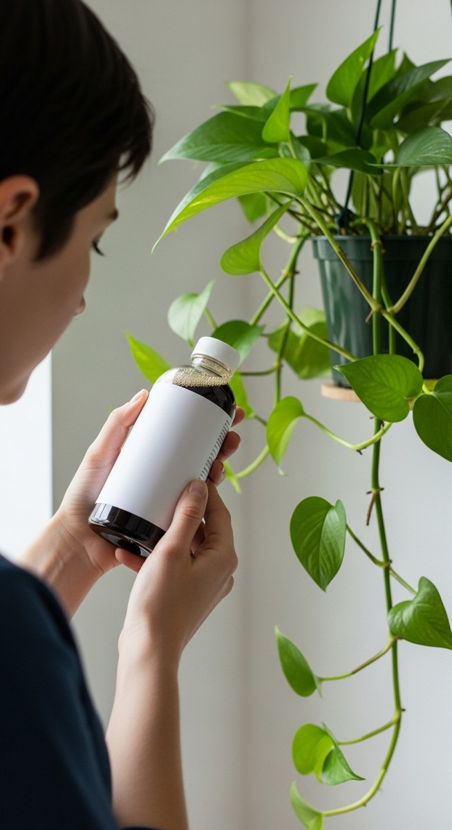 a person reading a fertilizer label standing next to a pothos plant, for pothos fertilizer