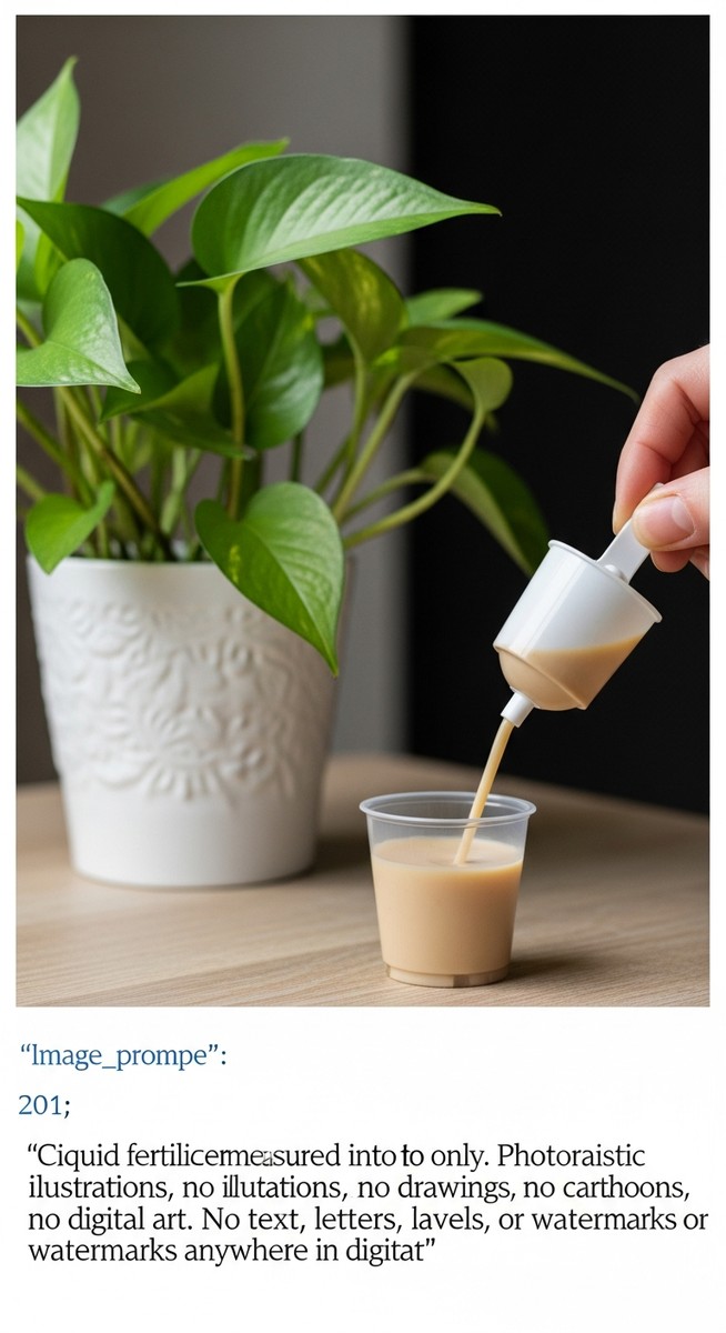close-up of liquid fertilizer being measured next to a pothos plant