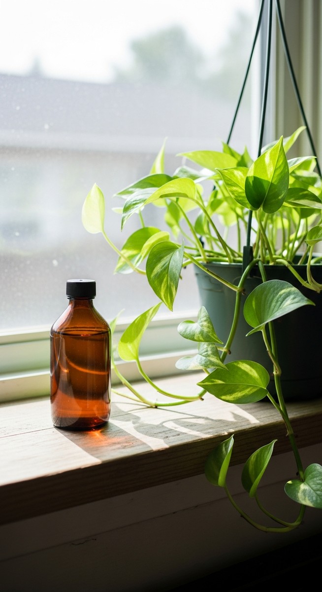 a fertilizer bottle placed next to a thriving pothos plant on a windowsill
