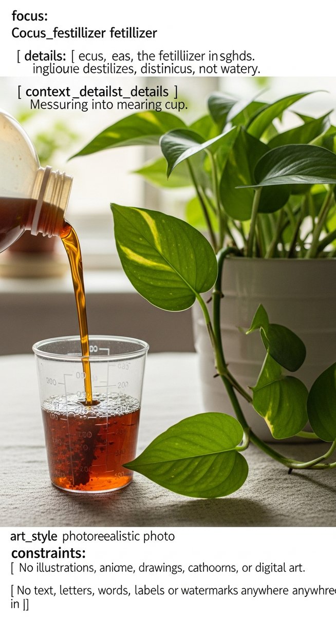 close-up of liquid fertilizer being measured next to a pothos plant