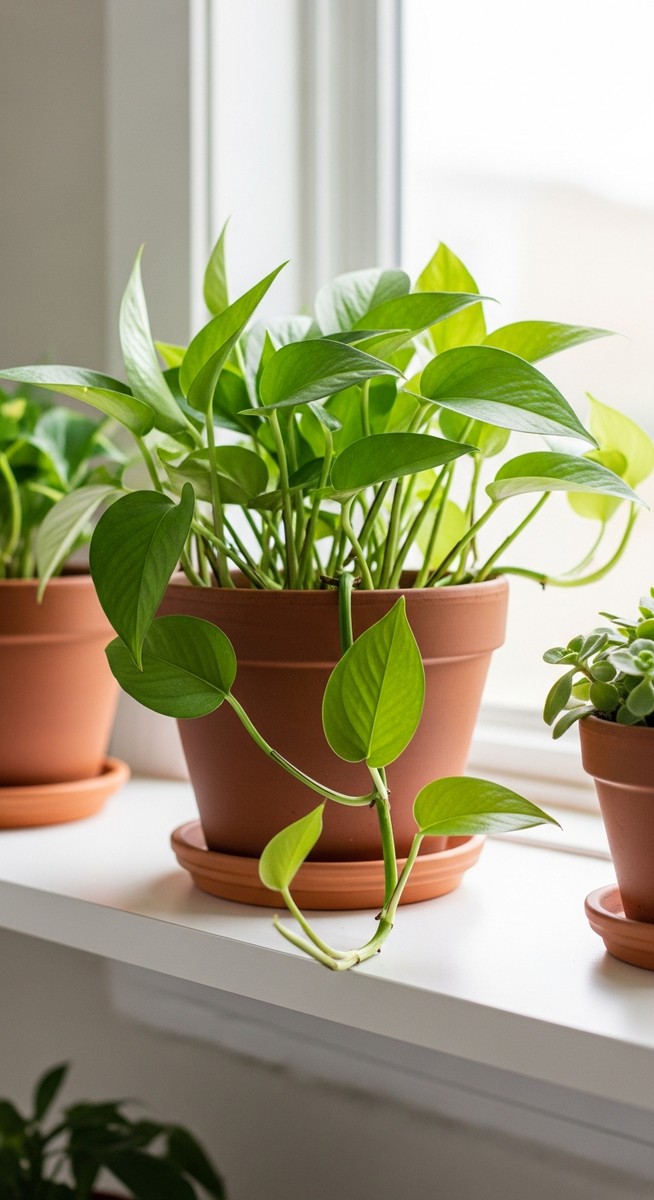 a lush pothos plant in a terracotta pot on a white shelf