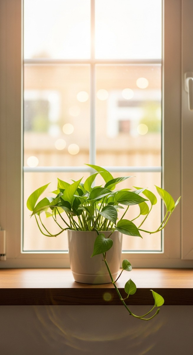 a pothos plant in a pot near a bright window