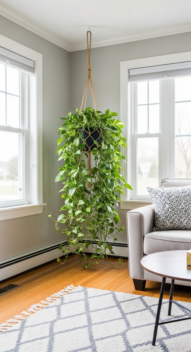 a large thriving pothos plant as a living room focal point, for pothos flower