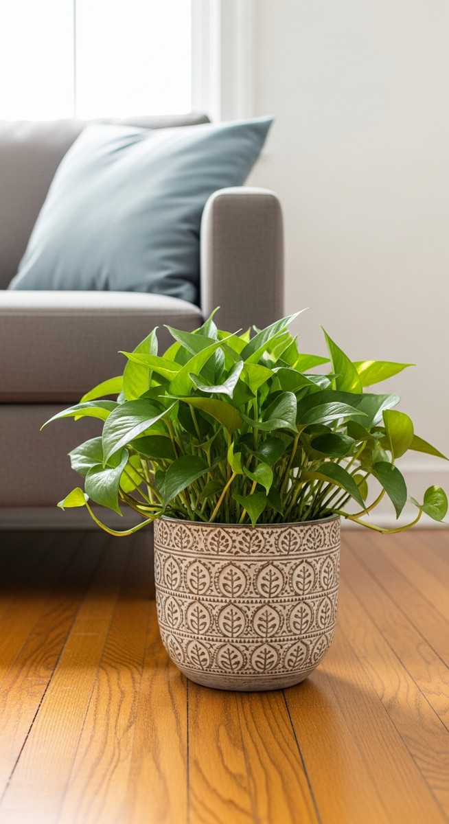 a pothos plant in a decorative pot on a wooden floor