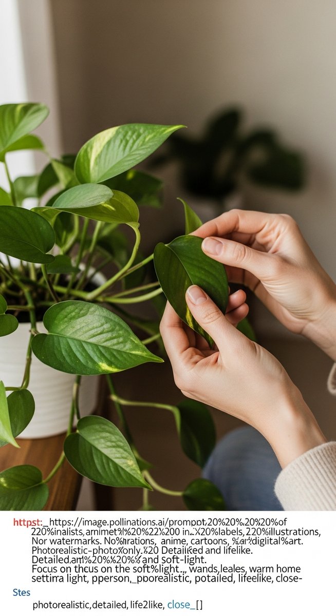 hands touching the leaves of a healthy pothos plant