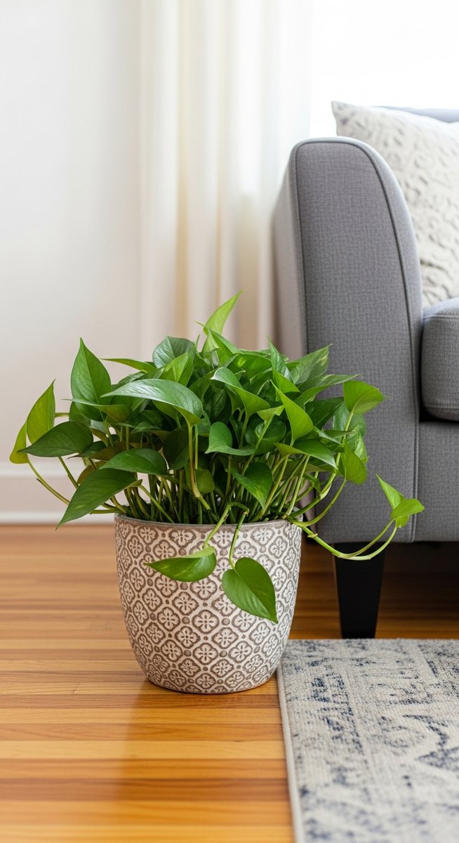 a pothos plant in a decorative pot on a wooden floor