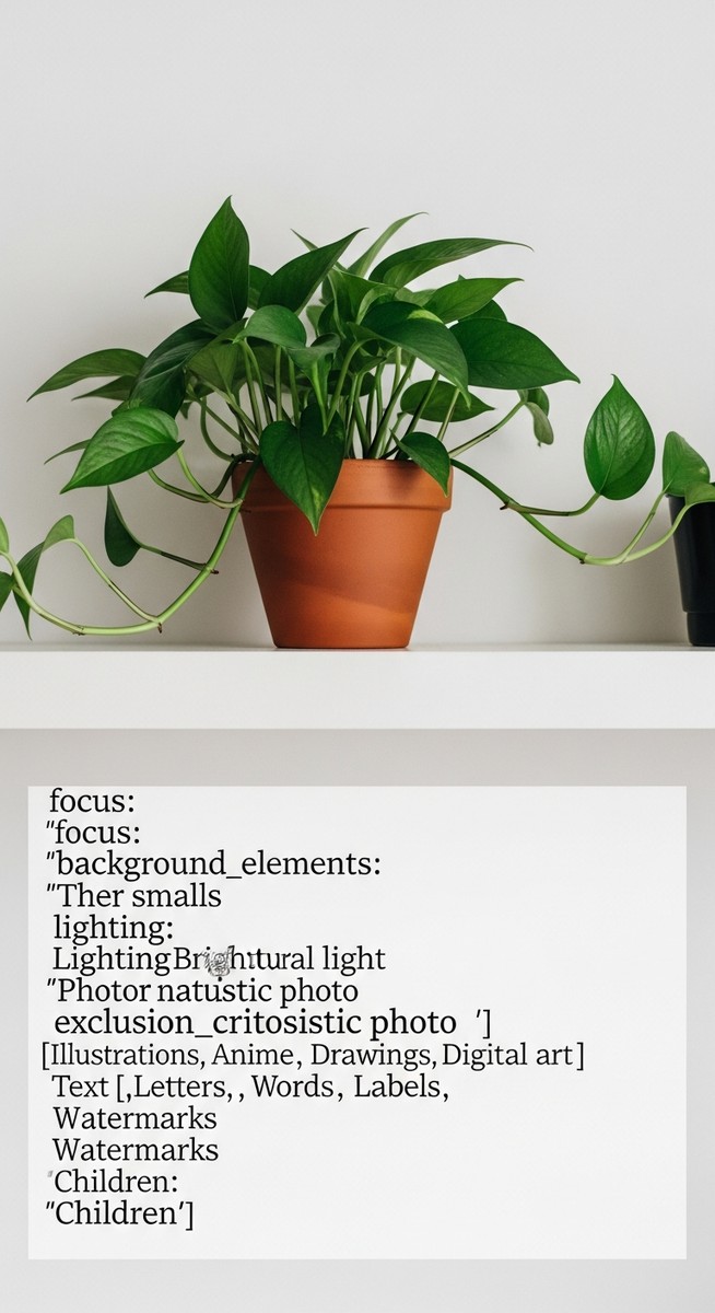 a lush pothos plant in a terracotta pot on a white shelf