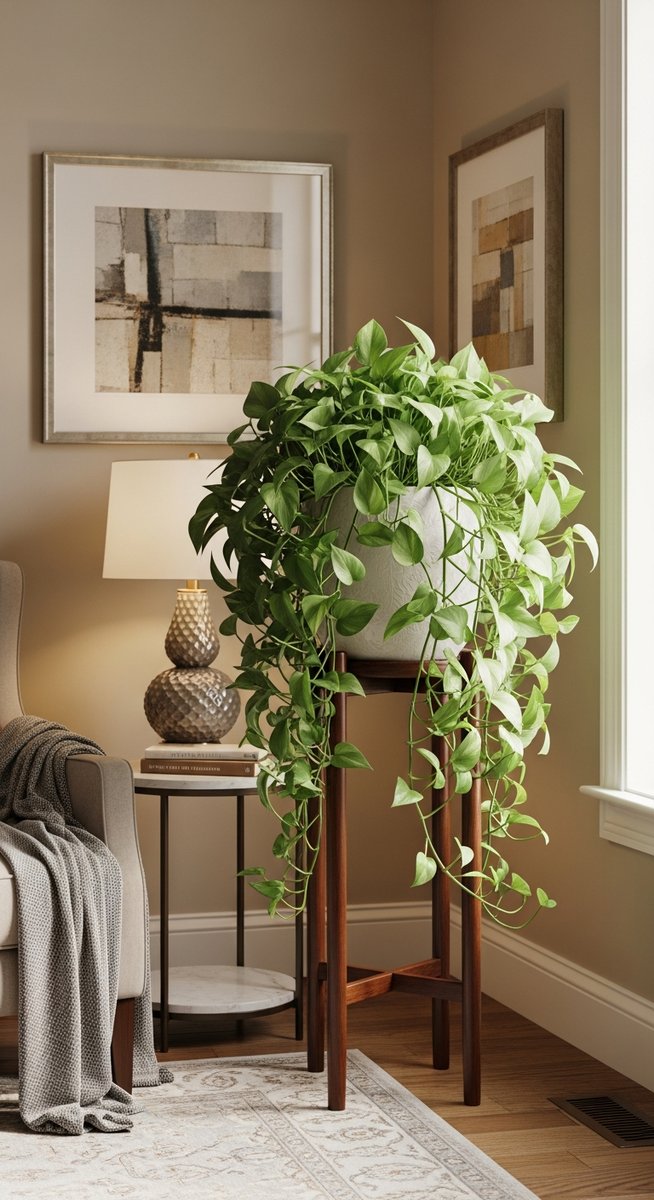 a large thriving pothos plant as a living room focal point, for pothos humidity