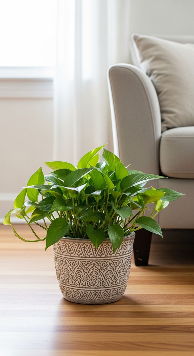 a pothos plant in a decorative pot on a wooden floor