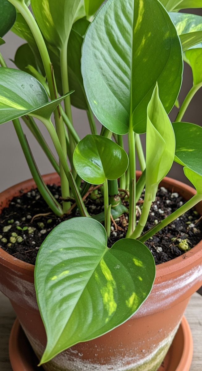 close-up of the base and lower leaves of a pothos plant, for pothos humidity