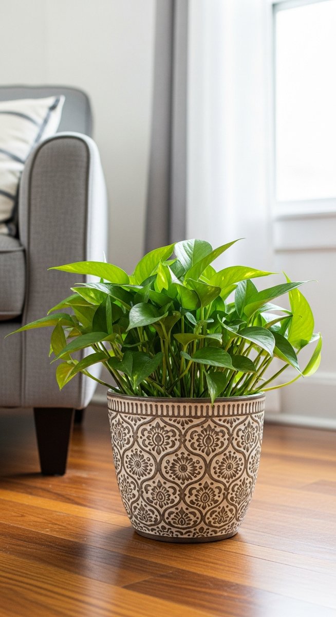 a pothos plant in a decorative pot on a wooden floor