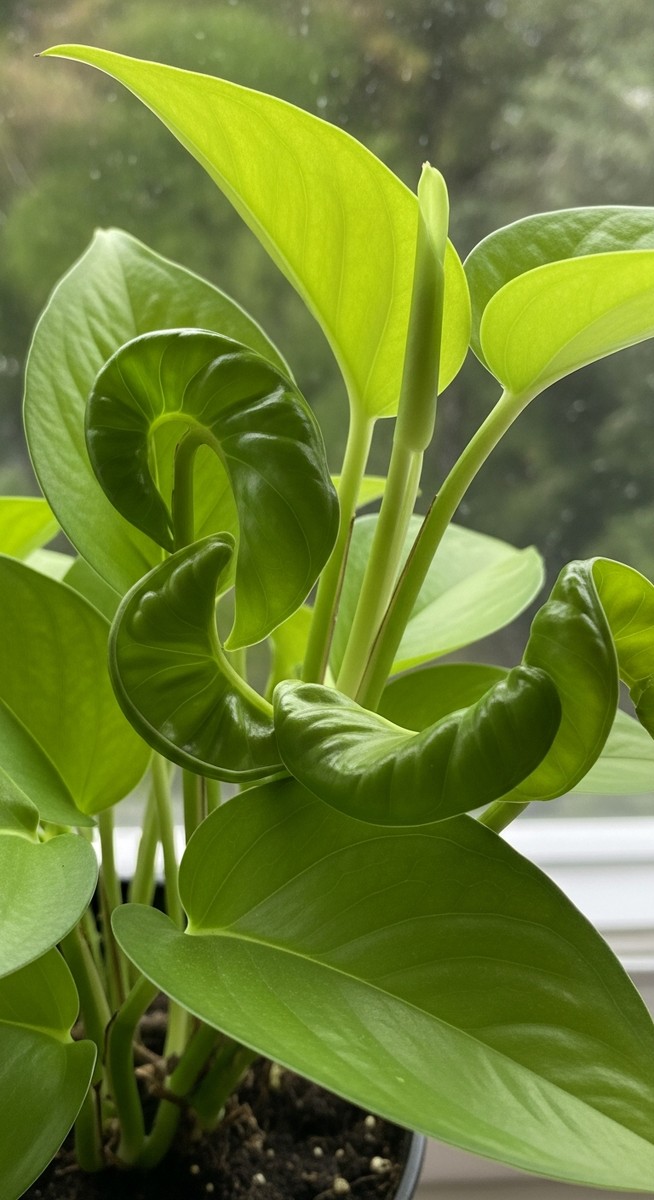 a pothos plant with several curled and cupped leaves, for pothos leaves curling
