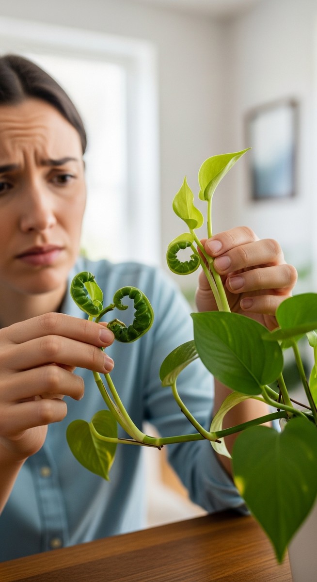 a person examining the curled leaves of a pothos plant, for pothos leaves curling