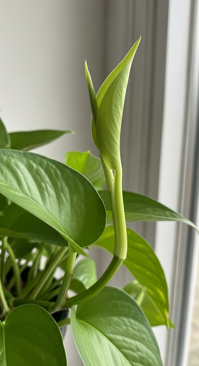 side view of a pothos plant showing leaves curling upward