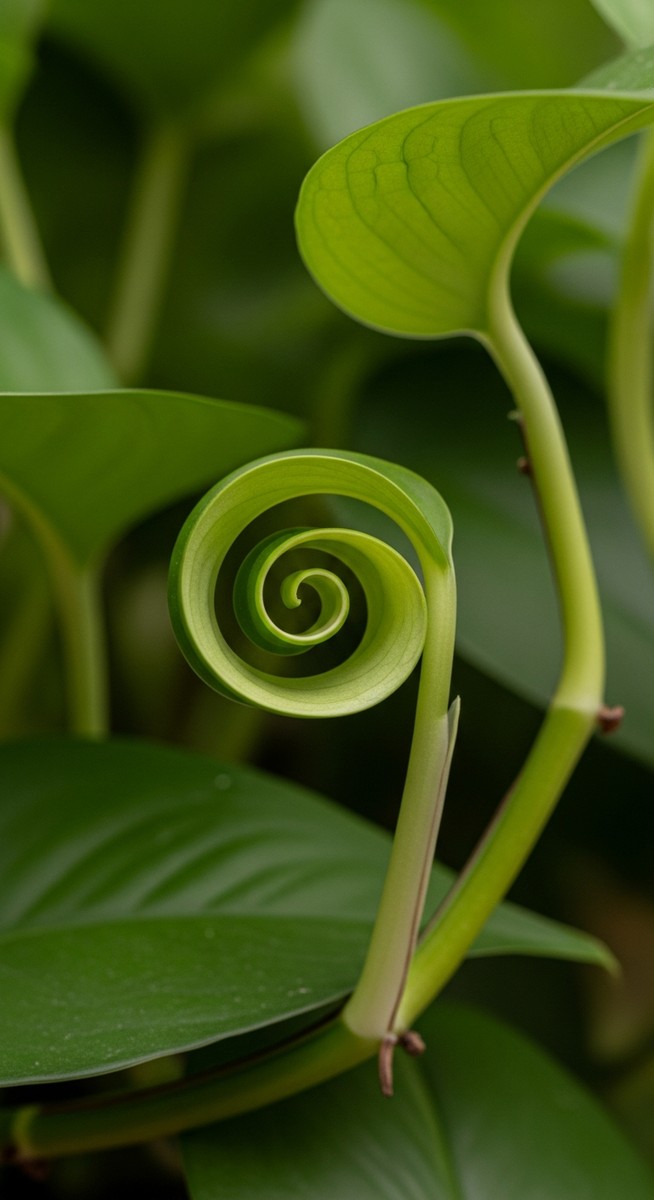 a single curled pothos leaf contrasted against healthy flat leaves, for pothos leaves curling
