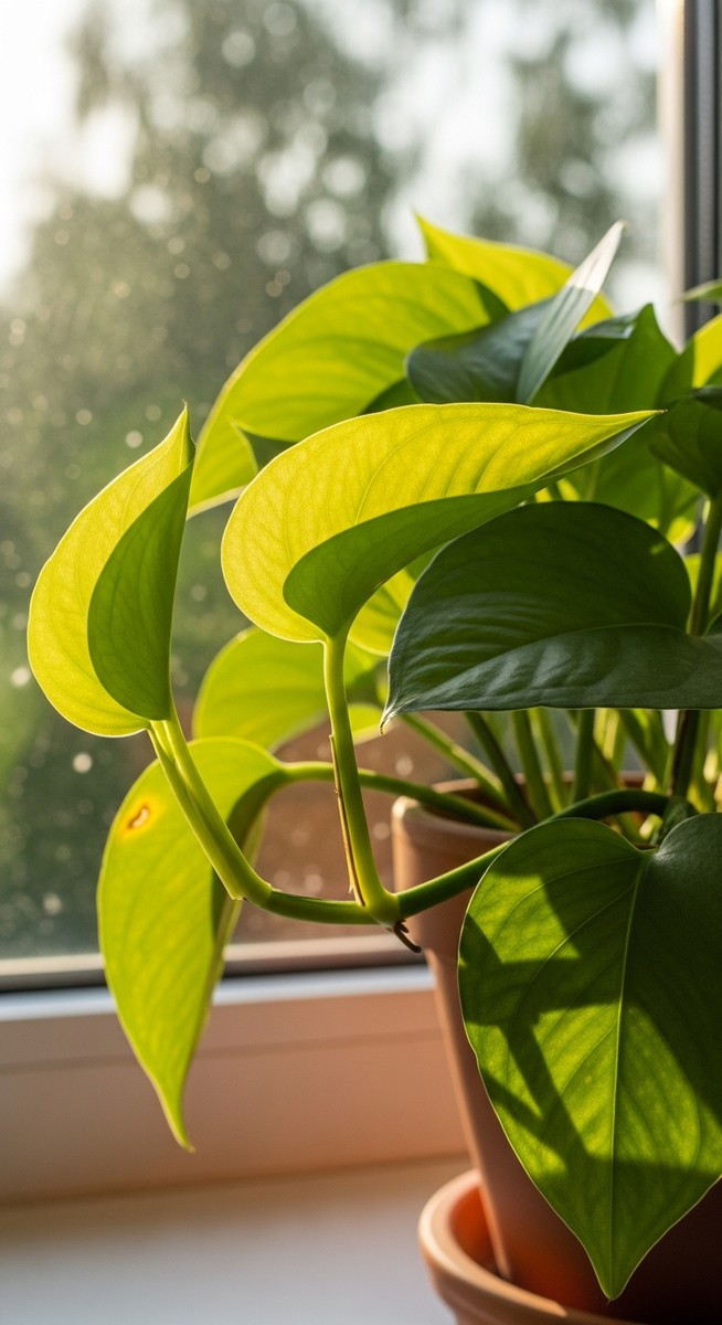 a pothos plant on a windowsill with noticeably curling leaves