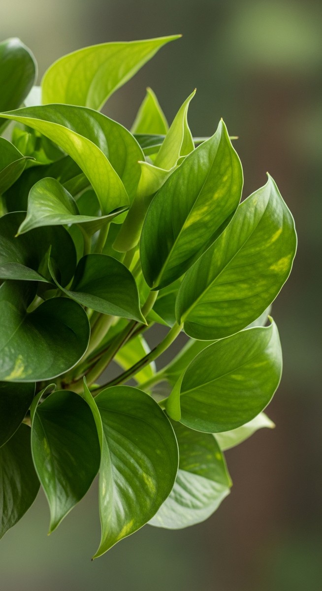 side view of a pothos plant showing leaves curling upward