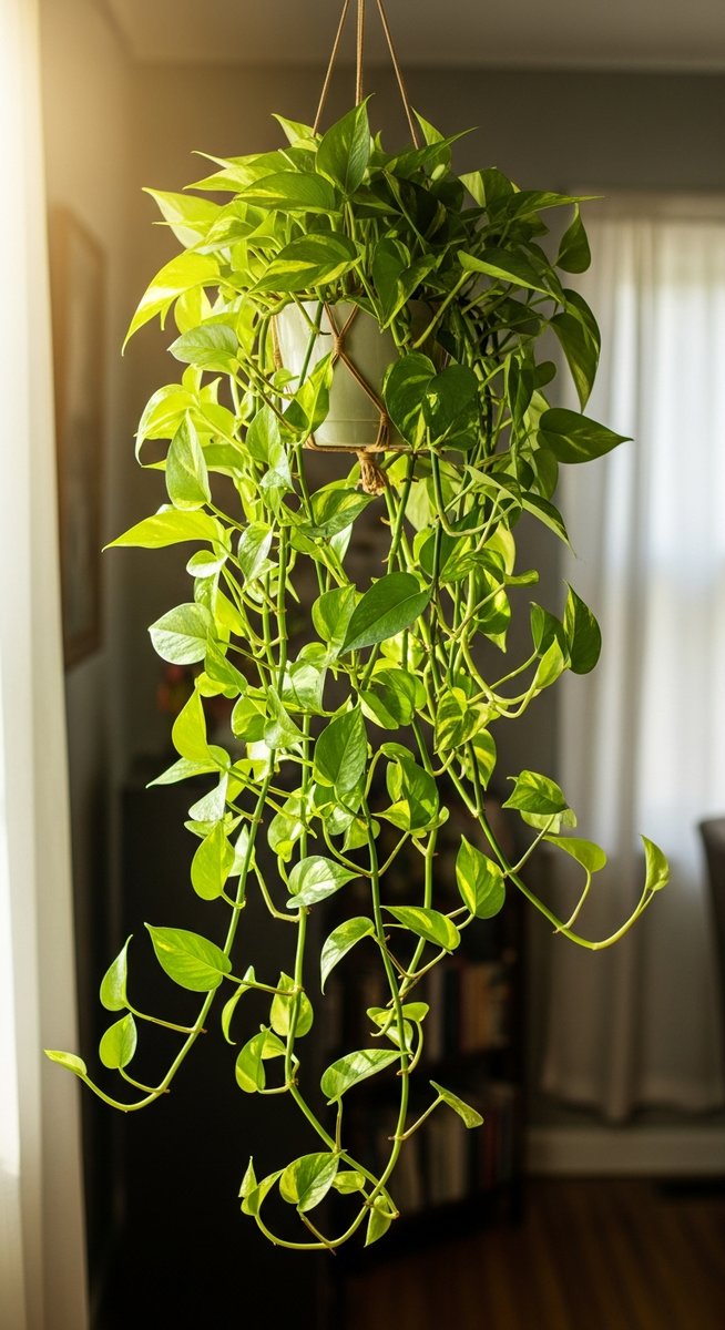 a pothos thriving in a bright home interior, for pothos light needs