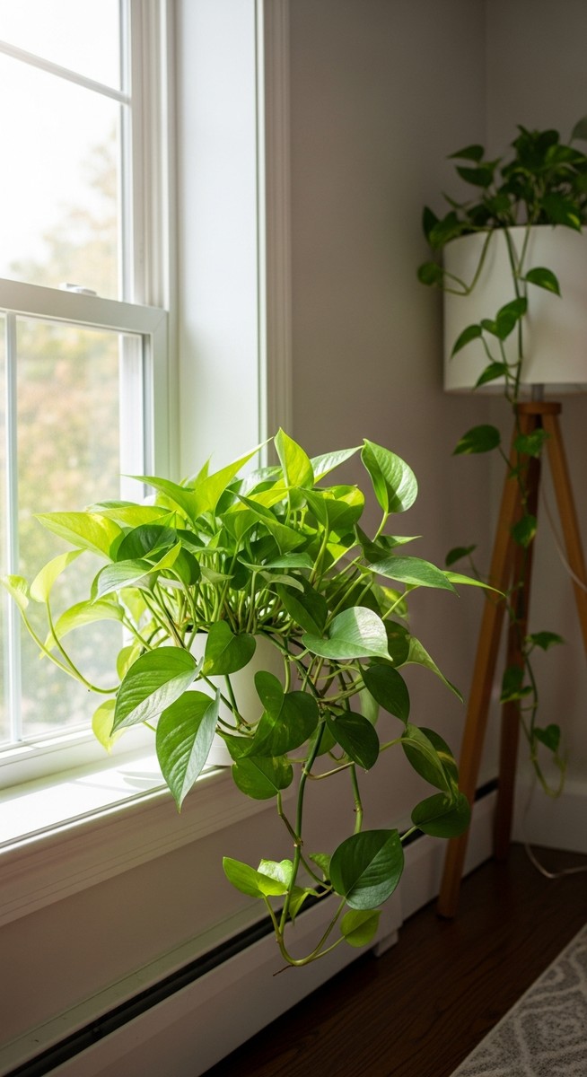 a pothos growing toward the light source in a bright home interior, for pothos light needs