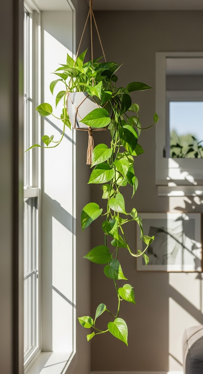 a pothos with its leaves oriented toward the light in a bright home interior