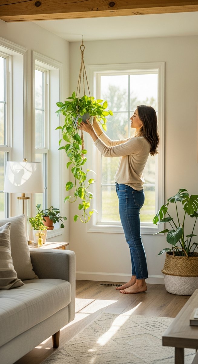 a person placing a pothos in the ideal spot in a bright home interior, for pothos light needs
